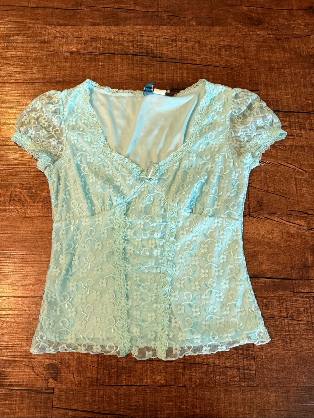 Star City Light Aqua Lace V-Neck Short Sleeve Blouse